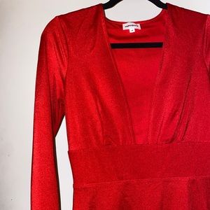 DEEP V Red Superdown Long-sleeve Mini Dress